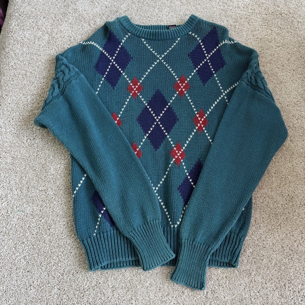 Vintage Structure Argyle Sweater Mens L Teal Cable Knit Cotton Blend Pullover